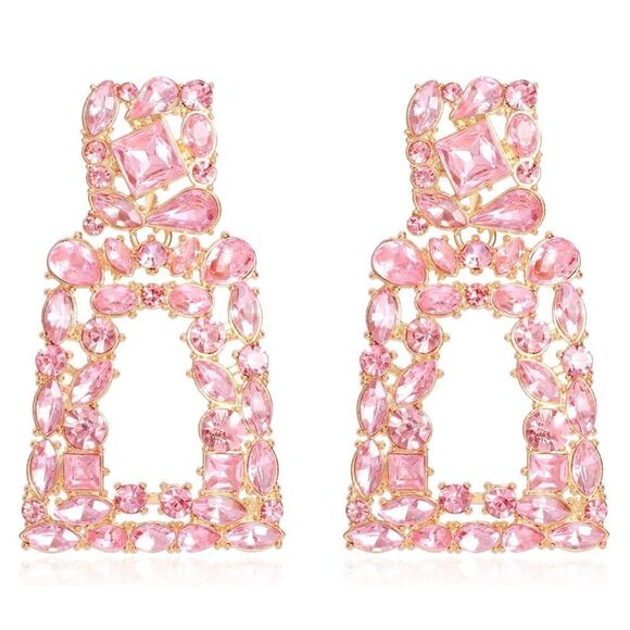 Yellow Gold with Pink Sapphire Crystal Geometric Rectangle Post Back Earrings - Picture 1 of 6